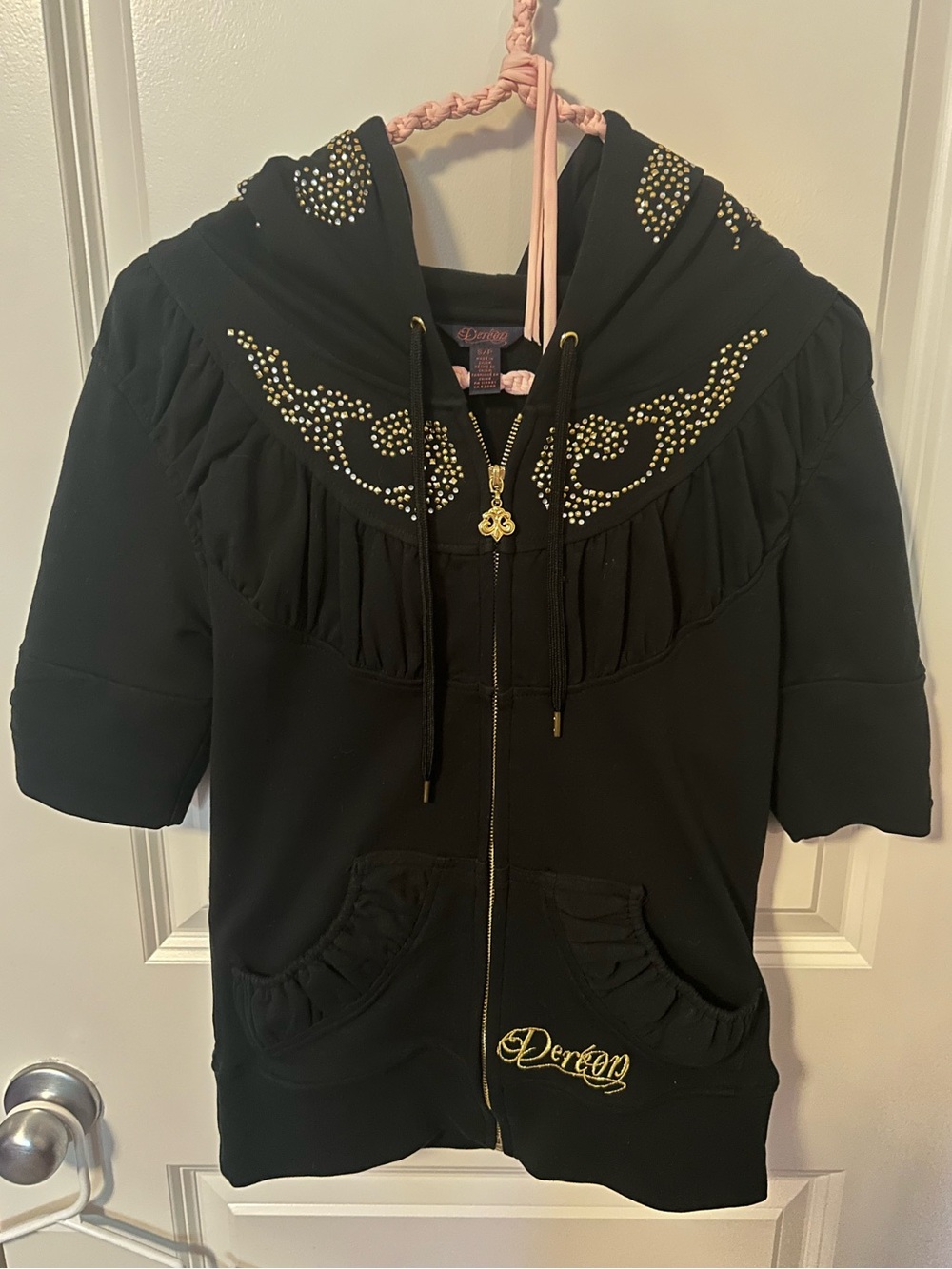 Dereon Vintage Y2K Half Sleeve Black Zip Up Hoodie with Gold Embellishments